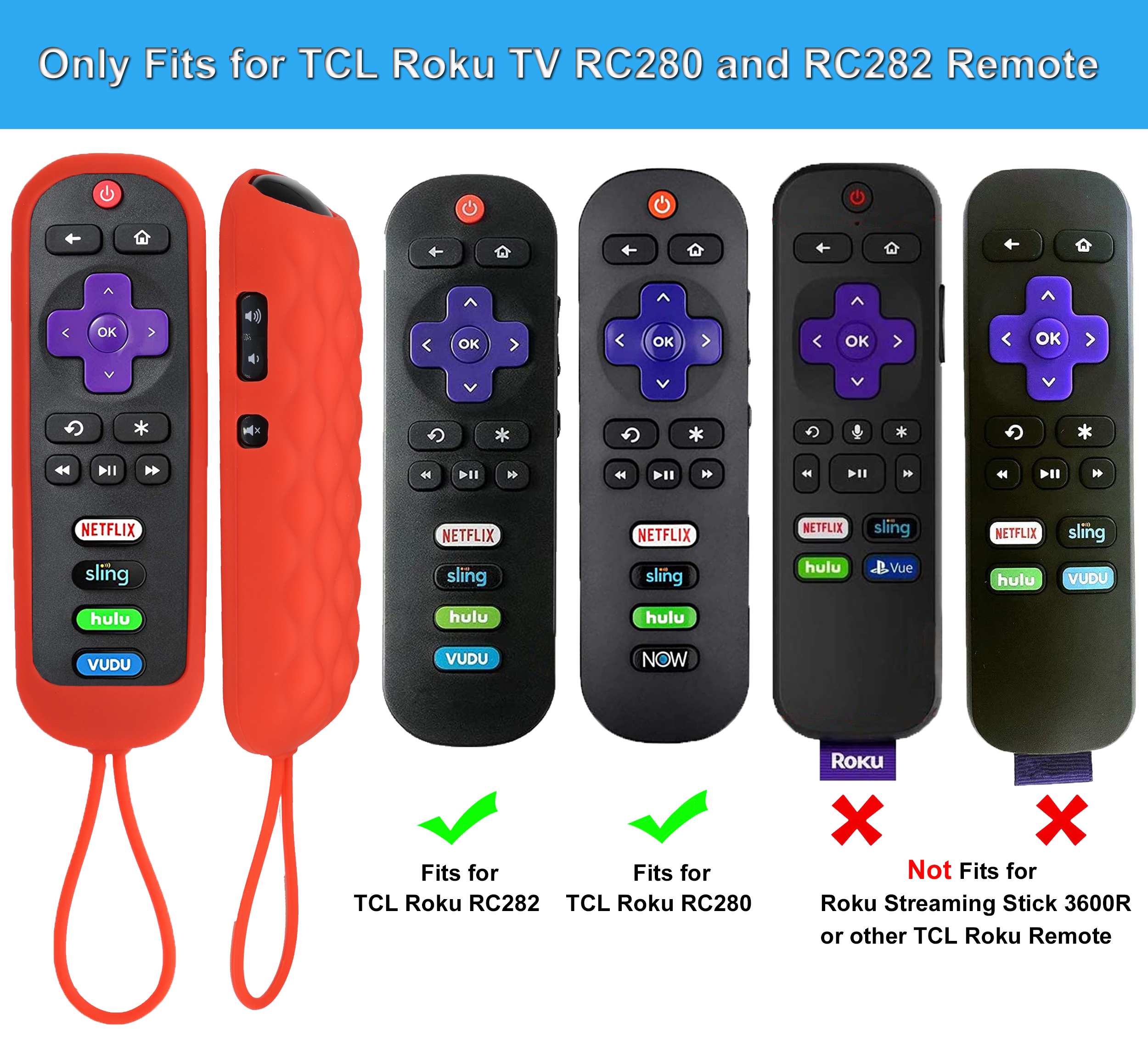 TOKERSE Silicone Cover Case for TCL Roku RC280 RC282 TV Remote - Universal Replacement Protective Remote Cover Case Skin Sleeve with Lanyard for TCL Roku TV RC280 RC282 Remote Control - Red
